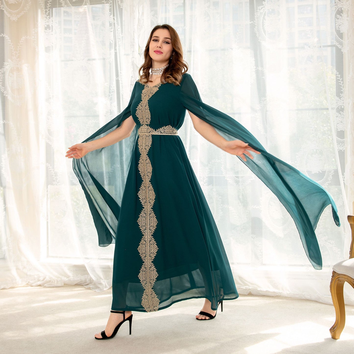 Cape Sleeve Lace Chiffon Dubai Arab Batwing Sleeve Dress