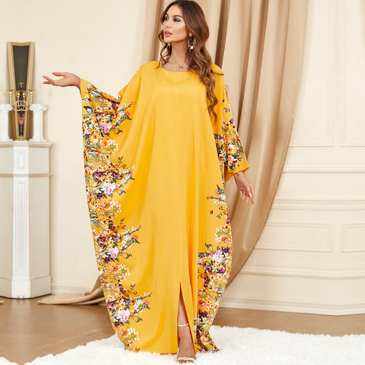 3422 Middle East Muslim Yellow Bat Sleeve Plus Size Dress