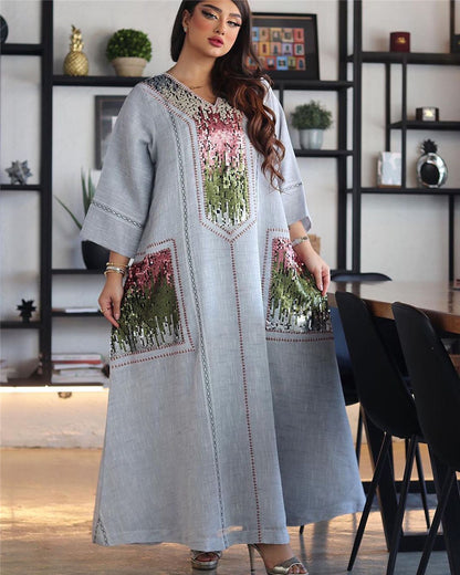Dubaï Perles Et Paillettes Brodé Robe Carême Musulman Vêtements pour Femmes