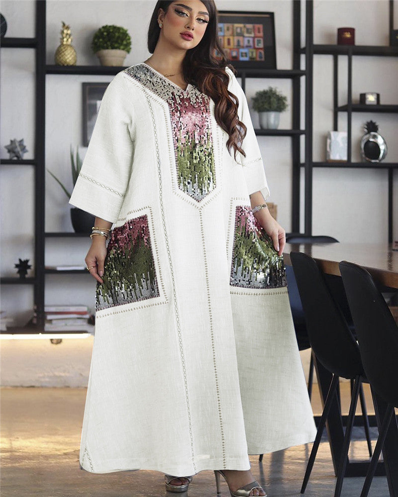Dubaï Perles Et Paillettes Brodé Robe Carême Musulman Vêtements pour Femmes