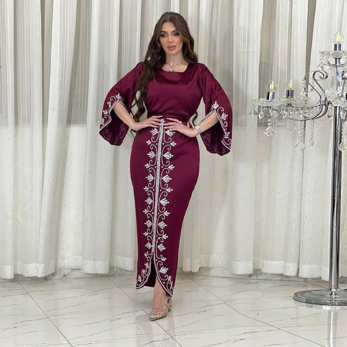Arabic Dubai Robe Fashion Diamond Soft Satin Evening Dress