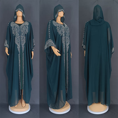 Rhinestone Beaded Muslim Long Gown African Hooded Dress