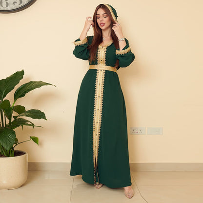Linen Green Muslim Saudi Arabian Hooded Women's Swing Dress