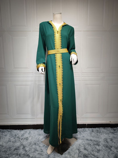 Linen Green Muslim Saudi Arabian Hooded Women's Swing Dress