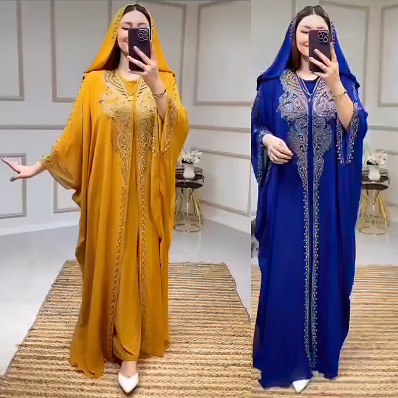 Rhinestone Beaded Muslim Long Gown African Hooded Dress